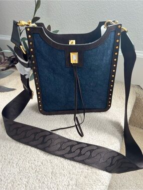 Rebecca Minkoff Navy Suede and Brown Trim Studded Crossbody